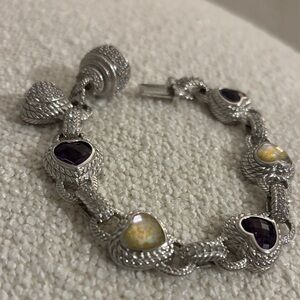 Judith Ripka Silver Heart Charm Bracelet with Amethyst and Yellow Glass Accents